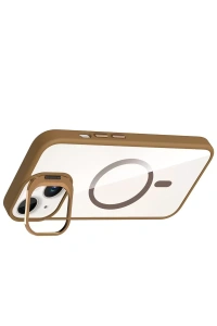 Apple iPhone 14 Remim Lensli Magsafe Standlı Kapak - Kahverengi