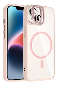 Apple iPhone 14 Remim Lensli Magsafe Standlı Kapak - Pembe