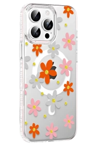 Apple iPhone 15 Pro Floral Magsafe Kapak - Turuncu