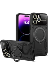 Apple iPhone 15 Pro Kılıf Joy Lens Standlı Kapak - Siyah