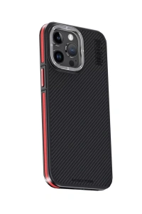 Apple iPhone 15 Pro Max Kılıf Aramid 600D Kevlar Karbon Fiber Magsafe Kapak - Kırmızı