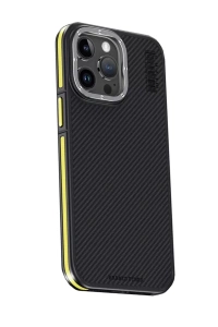 Apple iPhone 15 Pro Max Kılıf Aramid 600D Kevlar Karbon Fiber Magsafe Kapak - Sarı