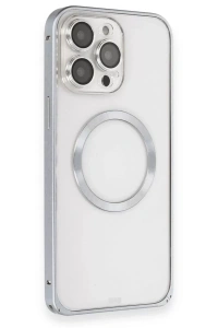 Apple iPhone 15 Pro Max Kılıf Metal Bumper Magneticsafe Kapak - Gri