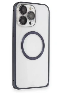 Apple iPhone 15 Pro Max Kılıf Metal Bumper Magneticsafe Kapak - Lacivert