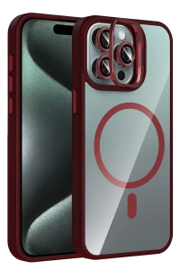Apple iPhone 15 Pro Max Remim Lensli Magsafe Standlı Kapak - Bordo
