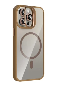 Apple iPhone 15 Pro Max Remim Lensli Magsafe Standlı Kapak - Kahverengi