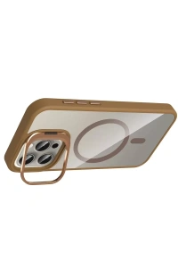 Apple iPhone 15 Pro Max Remim Lensli Magsafe Standlı Kapak - Kahverengi