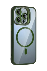 Apple iPhone 15 Pro Max Remim Lensli Magsafe Standlı Kapak - Koyu Yeşil