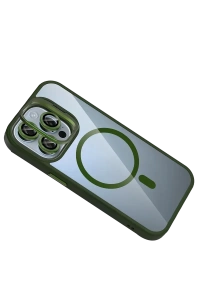 Apple iPhone 15 Pro Max Remim Lensli Magsafe Standlı Kapak - Koyu Yeşil