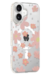 Apple iPhone 16 Floral Magsafe Kapak - Pembe