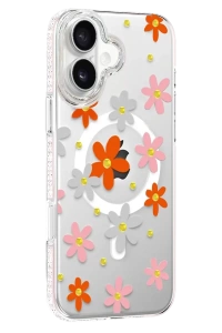 Apple iPhone 16 Floral Magsafe Kapak - Turuncu