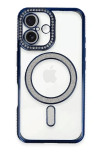 Apple iPhone 16 Kılıf Joke Simli Magneticsafe Kılıf - Lacivert