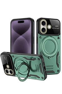 Apple iPhone 16 Kılıf Joy Lens Standlı Kapak - Koyu Yeşil