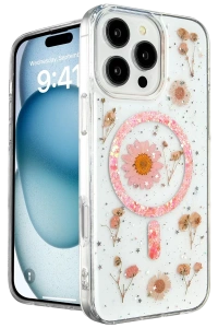 Apple iPhone 16 Pro Kılıf Daisy Simli Magsafe Kapak - Pembe