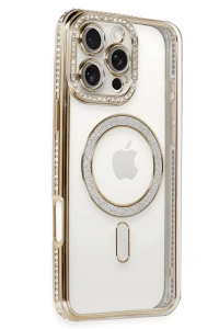 Apple iPhone 16 Pro Kılıf Joke Simli Magneticsafe Kılıf - Gold