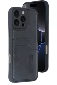 Apple iPhone 16 Pro Kılıf Sara Kartvizitli Deri Kılıf - Siyah