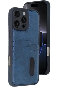 Apple iPhone 16 Pro Max Kılıf Sara Kartvizitli Deri Kılıf - Lacivert