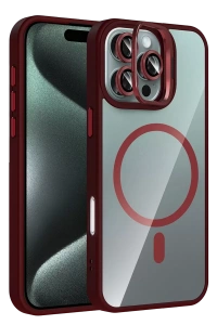 Apple iPhone 16 Pro Remim Lensli Magsafe Standlı Kapak - Bordo