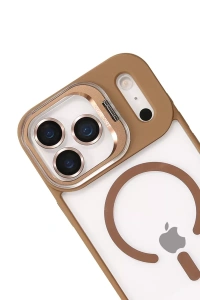 Apple iPhone 17 Pro Max Remim Lensli Magsafe Standlı Kapak - Kahverengi