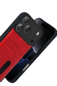 Apple iPhone 17 Pro Max Sara Kartvizitli Deri Kılıf - Kırmızı