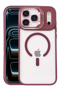 Apple iPhone 17 Pro Remim Lensli Magsafe Standlı Kapak - Bordo