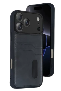 Apple iPhone 17 Pro Sara Kartvizitli Deri Kılıf - Siyah