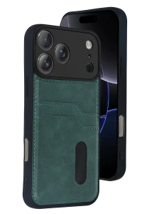 Apple iPhone 17 Pro Sara Kartvizitli Deri Kılıf - Yeşil