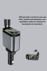 Araç Şarj Adaptörü 66W PD QC Hızlı Şarjlı ve Çekilebilir Kablolu