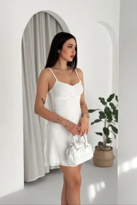 Askılı Mini Elbise Drapeli Göğüs Detay Likralı Yazlık Fit - Beyaz