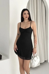 Askılı Mini Elbise Drapeli Göğüs Detay Likralı Yazlık Fit - Siyah