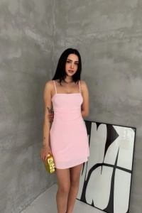 Askılı Şifon Mini Elbise Drapeli Bel Vücuda Oturan Yazlık Şık - Pembe