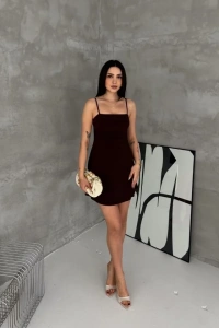 Askılı Şifon Mini Elbise Drapeli Bel Vücuda Oturan Yazlık Şık - Siyah