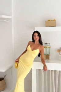 Askılı Uzun Elbise V Yaka Şık Gece Elbisesi Vücuda Oturan - Sarı
