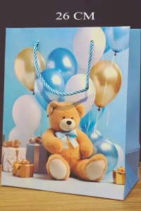 Ayıcık Desenli Mavi Büyük Boy Karton Hediye Çantası