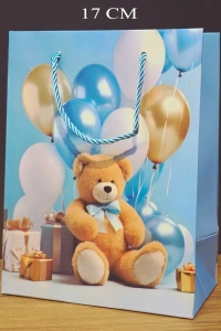 Ayıcık Desenli Mavi Küçük Boy Karton Hediye Çantası
