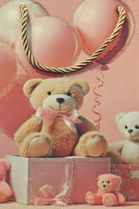 Ayıcık Desenli Pembe Büyük Boy Karton Hediye Çantası