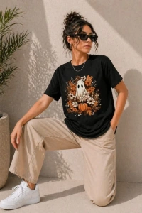 Balkabağı Hayalet Baskılı Tişört Kısa Kol Yazlık T-Shirt - Siyah