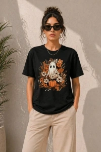 Balkabağı Hayalet Baskılı Tişört Kısa Kol Yazlık T-Shirt - Siyah