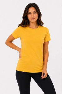 Basic Bisiklet Yaka Yazlık Slim Fit T-Shirt - Mavi - Hardal Sarısı
