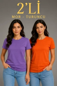 Basic Bisiklet Yaka Yazlık Slim Fit T-Shirt - Mor  - Turuncu