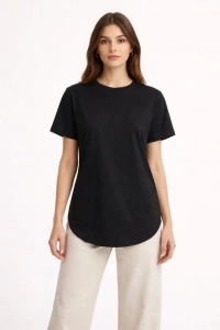 Basic T-Shirt Kısa Kol Bisiklet Yaka Oval Kesim Tişört - Siyah