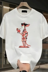 Baskılı Oversize Bisiklet Yaka T-shirt - Beyaz