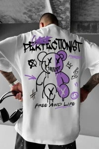 Baskılı Oversize Bisiklet Yaka T-shirt - Beyaz