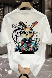 Baskılı Oversize Bisiklet Yaka T-shirt - Beyaz