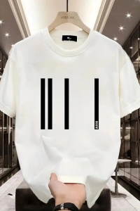 Baskılı Oversize Bisiklet Yaka T-shirt - Beyaz