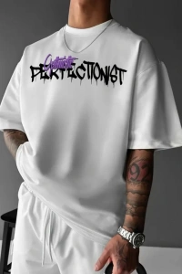 Baskılı Oversize Bisiklet Yaka T-shirt - Beyaz