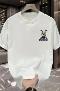 Baskılı Oversize Bisiklet Yaka T-shirt - Beyaz