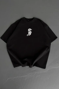 Baskılı Oversize Bisiklet Yaka T-shirt - Siyah