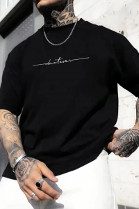 Baskılı Oversize Bisiklet Yaka T-shirt - Siyah