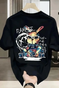 Baskılı Oversize Bisiklet Yaka T-shirt - Siyah